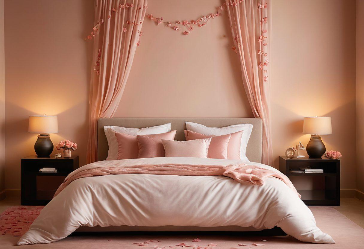 A serene and inviting bedroom setting with soft, warm lighting, featuring a silhouette of a couple in an intimate embrace. Surround them with subtle symbols of love and connection, like rose petals and soft fabrics. The atmosphere should evoke a sense of intimacy and exploration, inviting the viewer to ponder the themes of sensuality and relationships. dreamlike. warm colors. soft focus.
