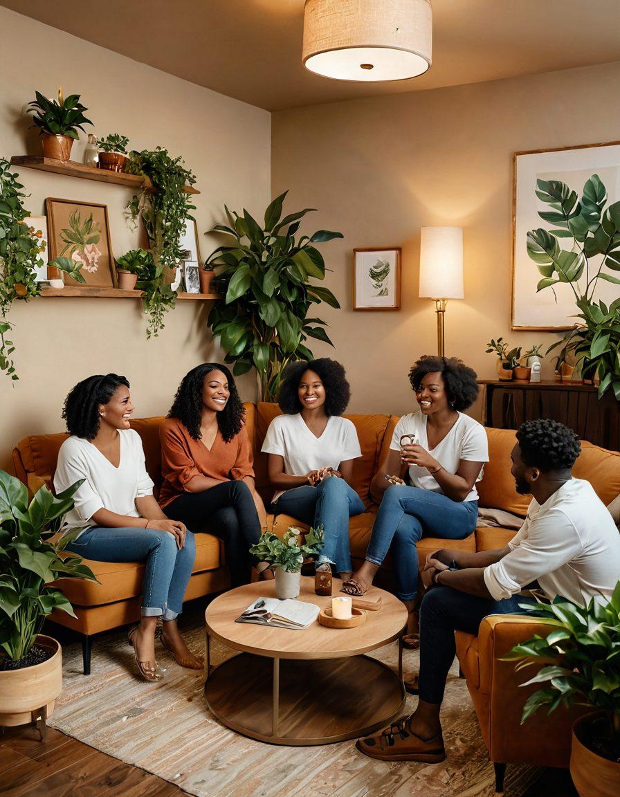 A warm and inviting scene featuring a diverse group of individuals engaging in open conversations about relationships in a cozy, well-lit lounge. Include tasteful representations of various kinks displayed artistically on the walls, alongside plants for a natural vibe. The people are smiling and comfortably dressed, reflecting confidence and positivity. Soft, colorful lighting enhances the welcoming atmosphere. vibrant colors. super-realistic.