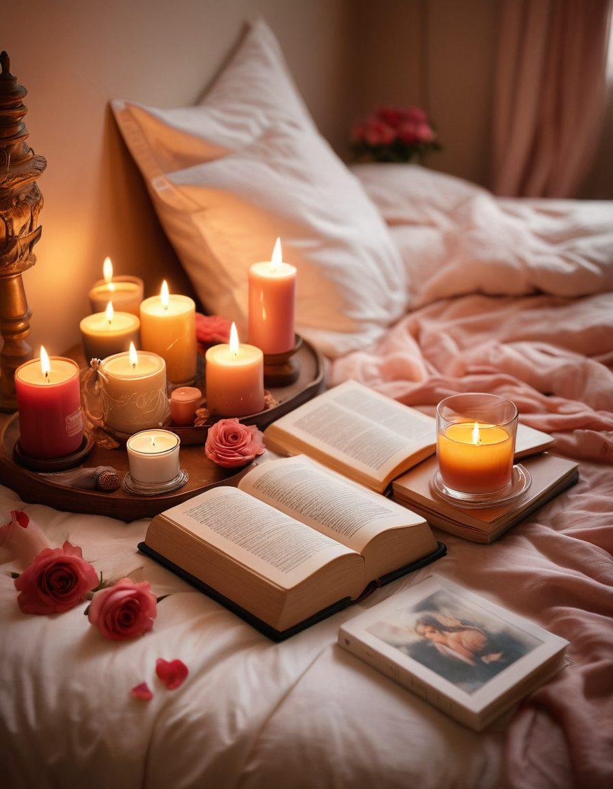 A cozy bedroom scene with a plush bed adorned with soft linens, surrounded by candles casting a warm glow. A stack of erotic books rests on the nightstand, with an inviting cup of tea nearby. Dreamy, intimate decorations like romantic artwork and scattered rose petals enhance the atmosphere. The overall ambiance should evoke a sense of warmth, intimacy, and exploration. super-realistic. warm colors. soft focus.